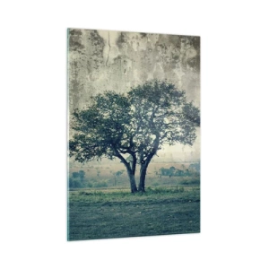 Glasbild - Bild auf glas - Ein einsamer Baum in einer Vintage-Landschaft - 50x70cm - Ein Apfelbaum auf blauem Feld? - Moderne Wanddekoration für Wohnzimmer und Schlafzimmer ARTTOR