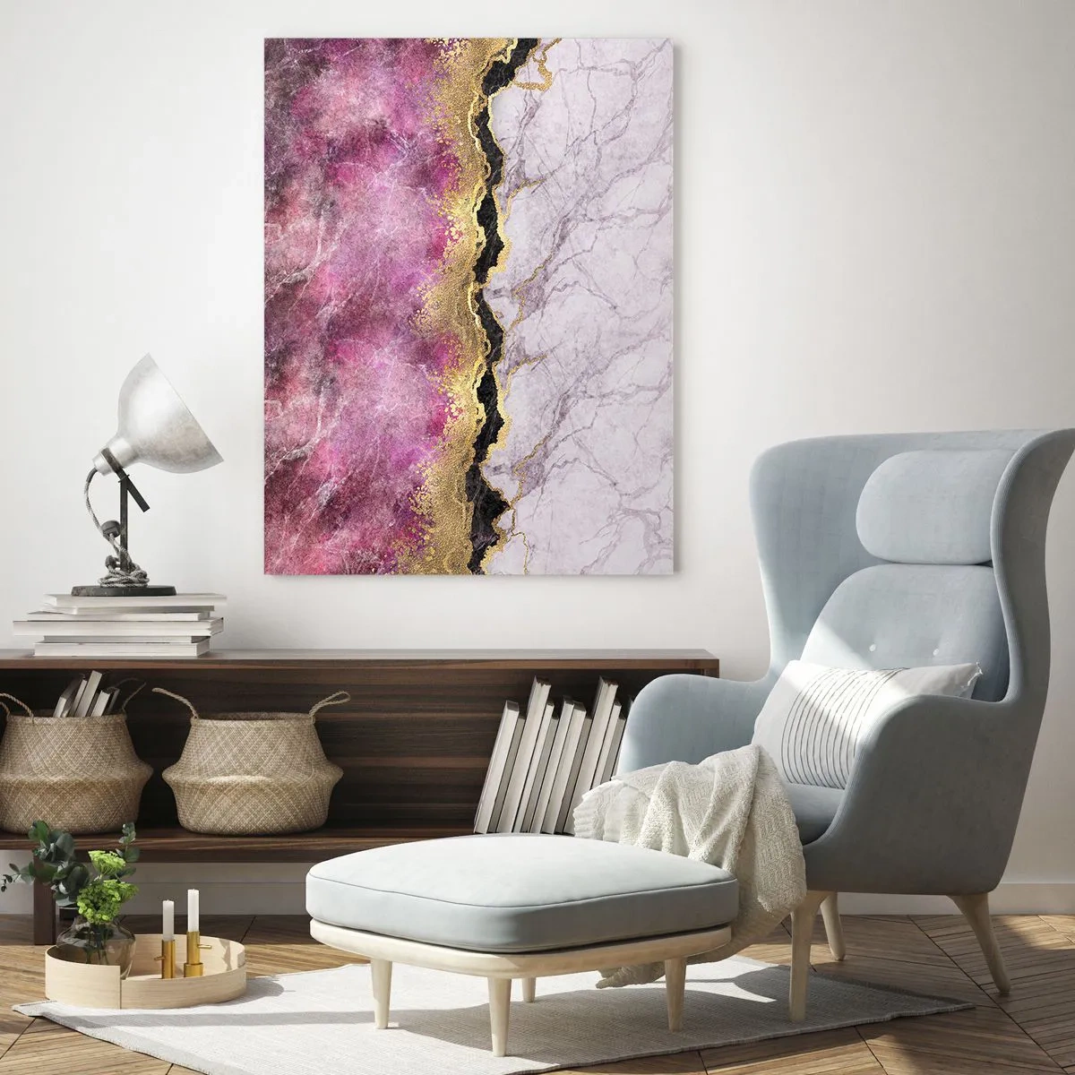 Glasbild - Bild auf glas - Abstrakte Marmorkomposition mit goldenen und violetten Akzenten - 50x70cm - An der Grenze - Moderne Wanddekoration für Wohnzimmer und Schlafzimmer ARTTOR