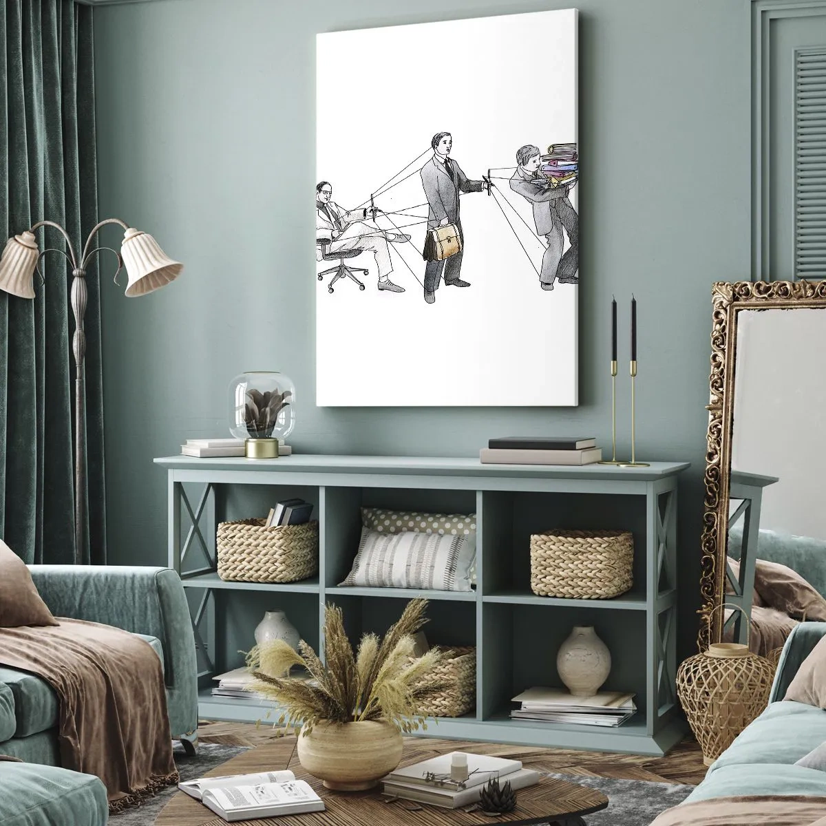Bild auf Leinwand - Leinwandbild - Eine Illustration, die zeigt, wie Menschen wie Marionetten kontrolliert werden. - 50x70cm - Jeder hat seinen Meister - Moderne Wanddekoration für Wohnzimmer und Schlafzimmer ARTTOR