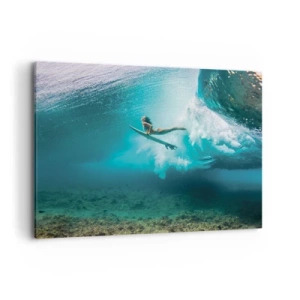 Bild auf Leinwand - Leinwandbild - Surfer unter einer Welle im blauen Ozeanwasser - 100x70cm - Unterwasserwelt - Moderne Wanddekoration für Wohnzimmer und Schlafzimmer ARTTOR