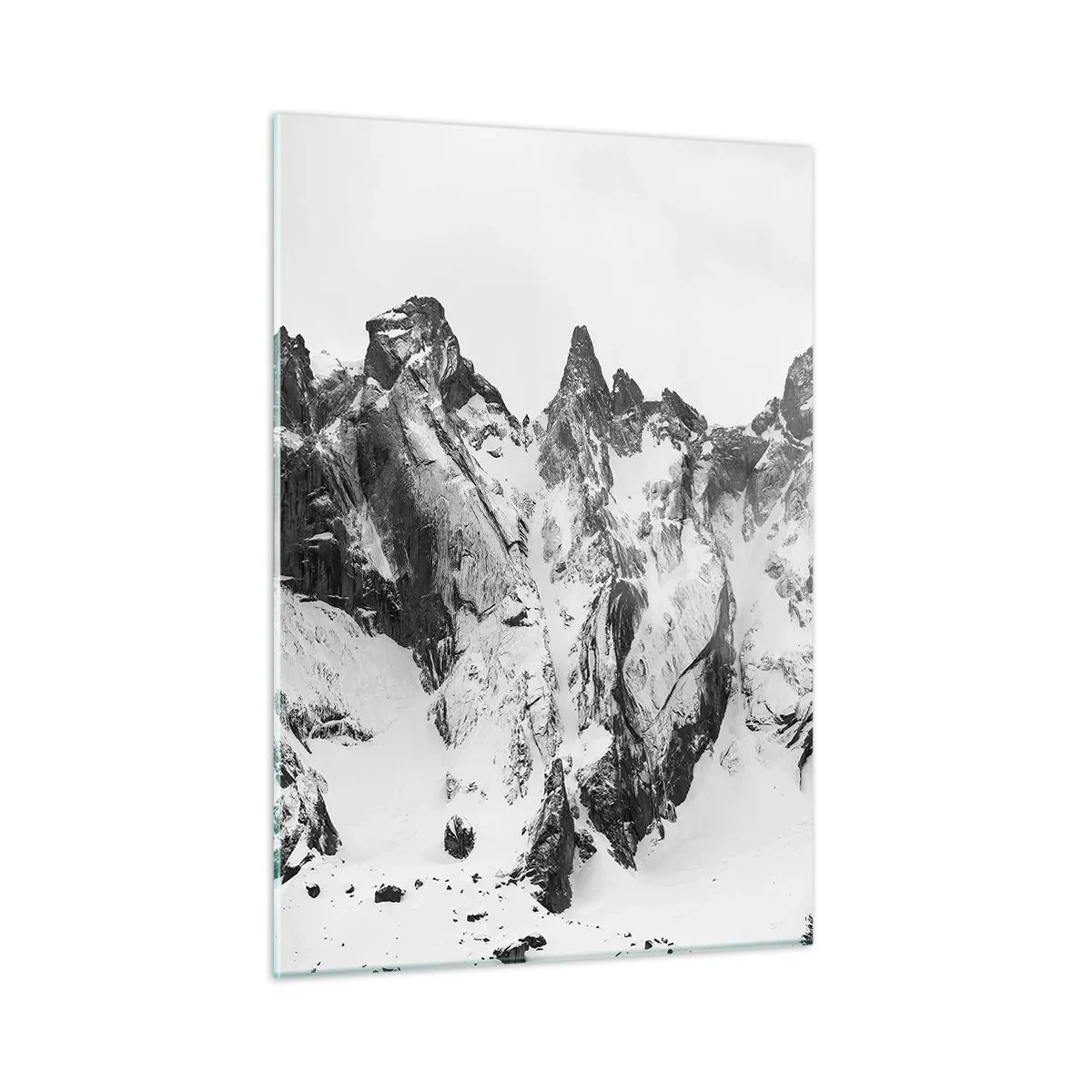 Glasbild - Bild auf glas - Schwarz-weiße schneebedeckte Berggipfel - 50x70cm - Gefährlicher Granitgrat - Moderne Wanddekoration für Wohnzimmer und Schlafzimmer ARTTOR
