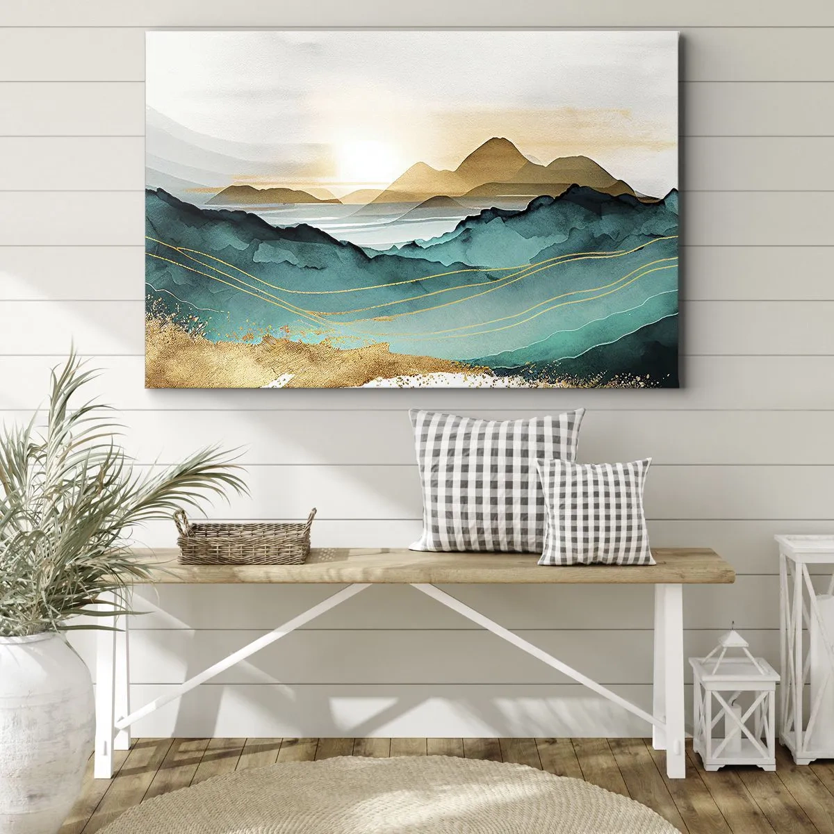 Bild auf Leinwand - Leinwandbild - Abstrakte Landschaft mit Bergen und goldenen Akzenten - 70x50cm - Am Rande der Abstraktion – Landschaft - Moderne Wanddekoration für Wohnzimmer und Schlafzimmer ARTTOR