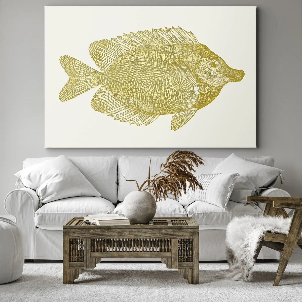 Bild auf Leinwand - Leinwandbild - Vintage Goldfisch auf hellem Hintergrund - 70x50cm - Fisch und das war’s - Moderne Wanddekoration für Wohnzimmer und Schlafzimmer ARTTOR