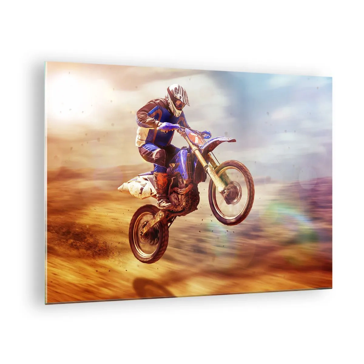 Glasbild - Bild auf glas - Ein Motorradfahrer fliegt über sandiges Gelände - 70x50cm - Motorradschwindel - Moderne Wanddekoration für Wohnzimmer und Schlafzimmer ARTTOR