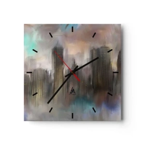 Wanduhr - Glasuhr - Eine künstlerische Vision einer Stadtlandschaft mit Wolkenkratzern in Pastellfarben. - 30x30cm - Eine Komposition aus Stahl, Stein und Nebel - Moderne Wanddekoration für Wohnzimmer und Schlafzimmer ARTTOR