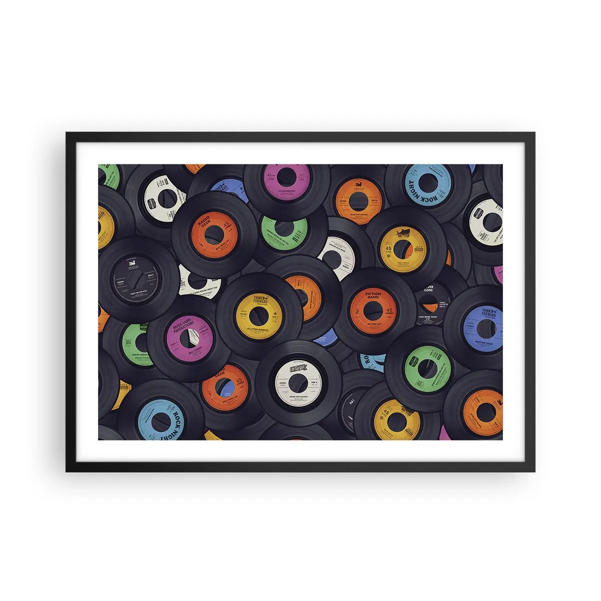 Poster in einem schwarzem Rahmen - Bunte Vinyls übereinander gestapelt - 70x50cm - Farben der Klassiker - Moderne Wanddekoration für Wohnzimmer und Schlafzimmer ARTTOR