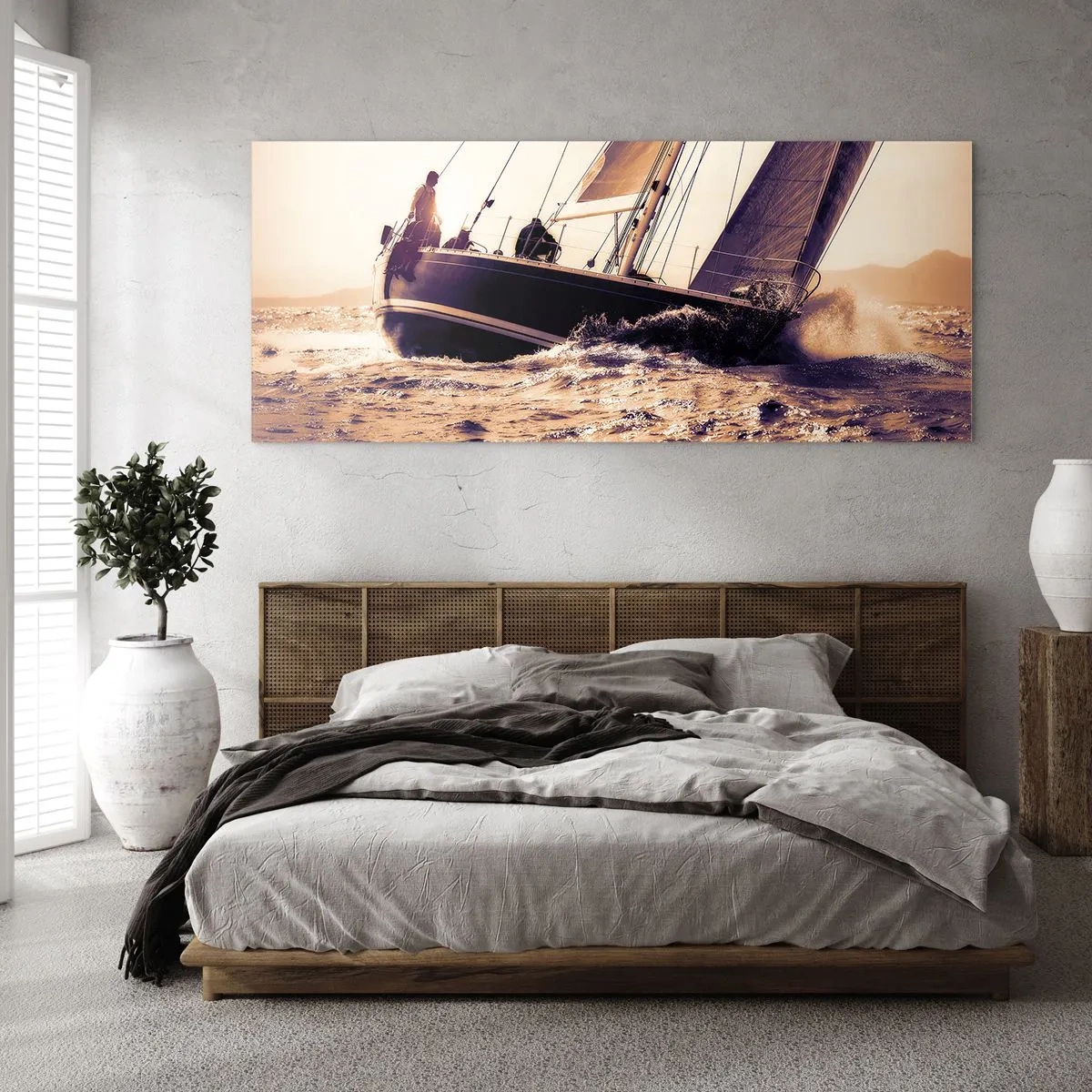 Glasbild - Bild auf glas - Eine Yacht auf stürmischer See im Licht der untergehenden Sonne - 140x50cm - Segle, Seemann - Moderne Wanddekoration für Wohnzimmer und Schlafzimmer ARTTOR