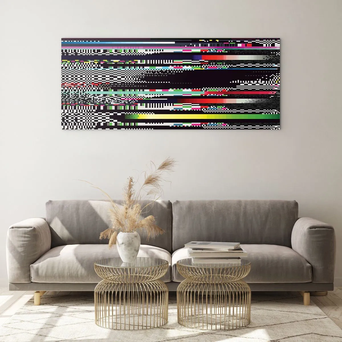 Glasbild - Bild auf glas - Bunte Linien und Pixel im abstrakten Stil - 120x50cm - Das Kontrollbild der Realität - Moderne Wanddekoration für Wohnzimmer und Schlafzimmer ARTTOR