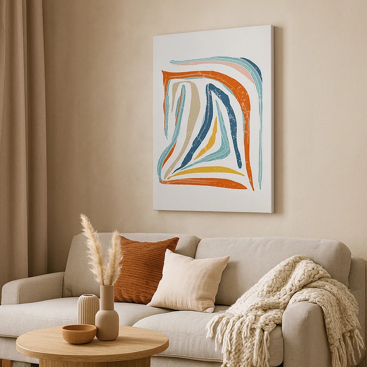 Bild auf Leinwand - Leinwandbild - Bunte, dynamische Linien in Blau-, Orange- und Beigetönen - 50x70cm - Abstraktion mit einem freundlichen Lächeln - Moderne Wanddekoration für Wohnzimmer und Schlafzimmer ARTTOR