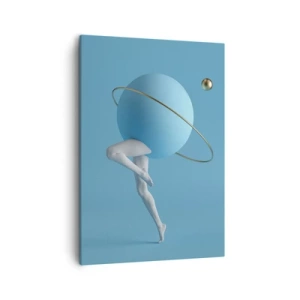 Bild auf Leinwand - Leinwandbild - Eine blaue Kugel mit einer Umlaufbahn und menschlichen Beinen vor dem Himmel - 50x70cm - Und die Planeten spielen verrückt - Moderne Wanddekoration für Wohnzimmer und Schlafzimmer ARTTOR