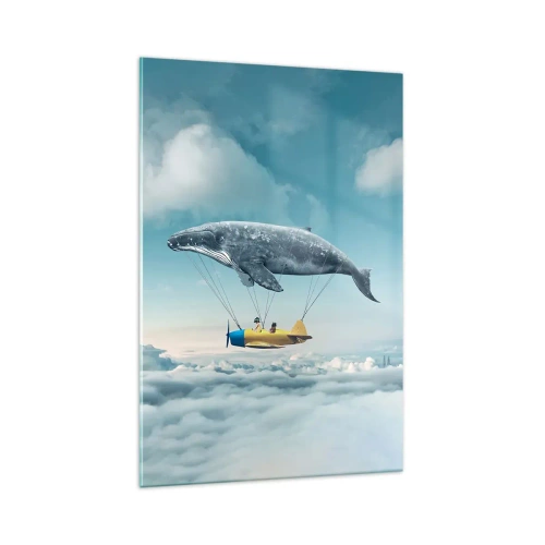 Glasbild - Bild auf glas - Ein fliegender Wal trägt ein Flugzeug in einer surrealen Umgebung. - 70x100cm - Warum nicht? - Moderne Wanddekoration für Wohnzimmer und Schlafzimmer ARTTOR