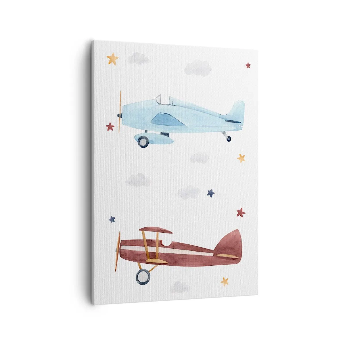 Bild auf Leinwand - Leinwandbild - Handbemalte Flugzeuge vor einem Hintergrund aus Wolken und Sternen - 50x70cm - Wir warten, Herr Pilot! - Moderne Wanddekoration für Wohnzimmer und Schlafzimmer ARTTOR