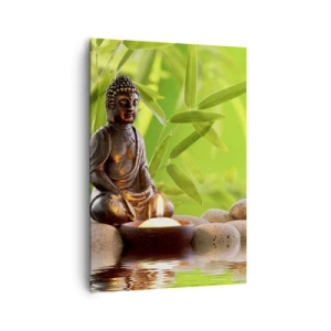 Bild auf Leinwand - Leinwandbild - Buddha-Figur mit Steinen und einer Kerze vor Bambus-Hintergrund - 70x100cm - Das Leben ist wunderschoen - Moderne Wanddekoration für Wohnzimmer und Schlafzimmer ARTTOR