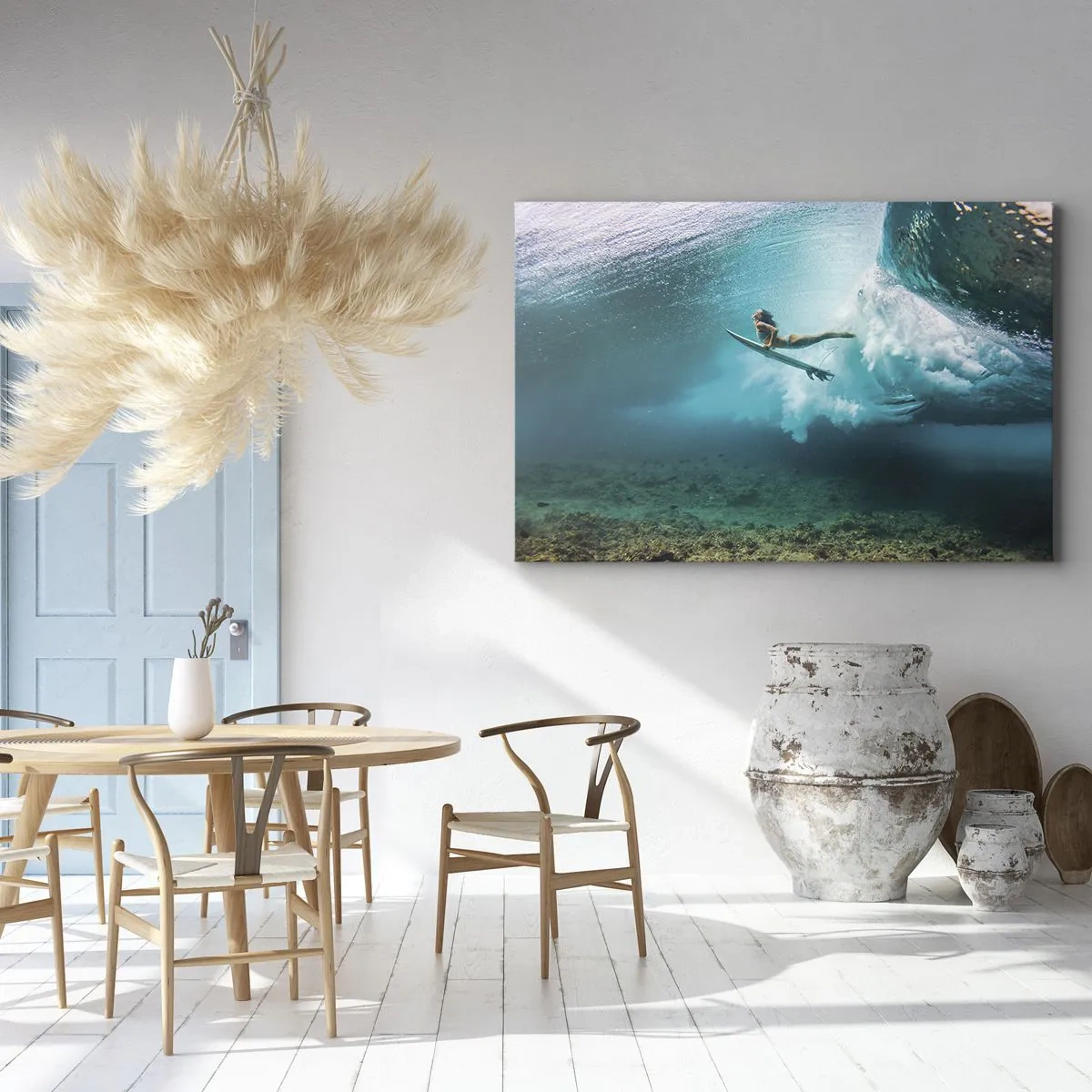 Bild auf Leinwand - Leinwandbild - Surfer unter einer Welle im blauen Ozeanwasser - 120x80cm - Unterwasserwelt - Moderne Wanddekoration für Wohnzimmer und Schlafzimmer ARTTOR