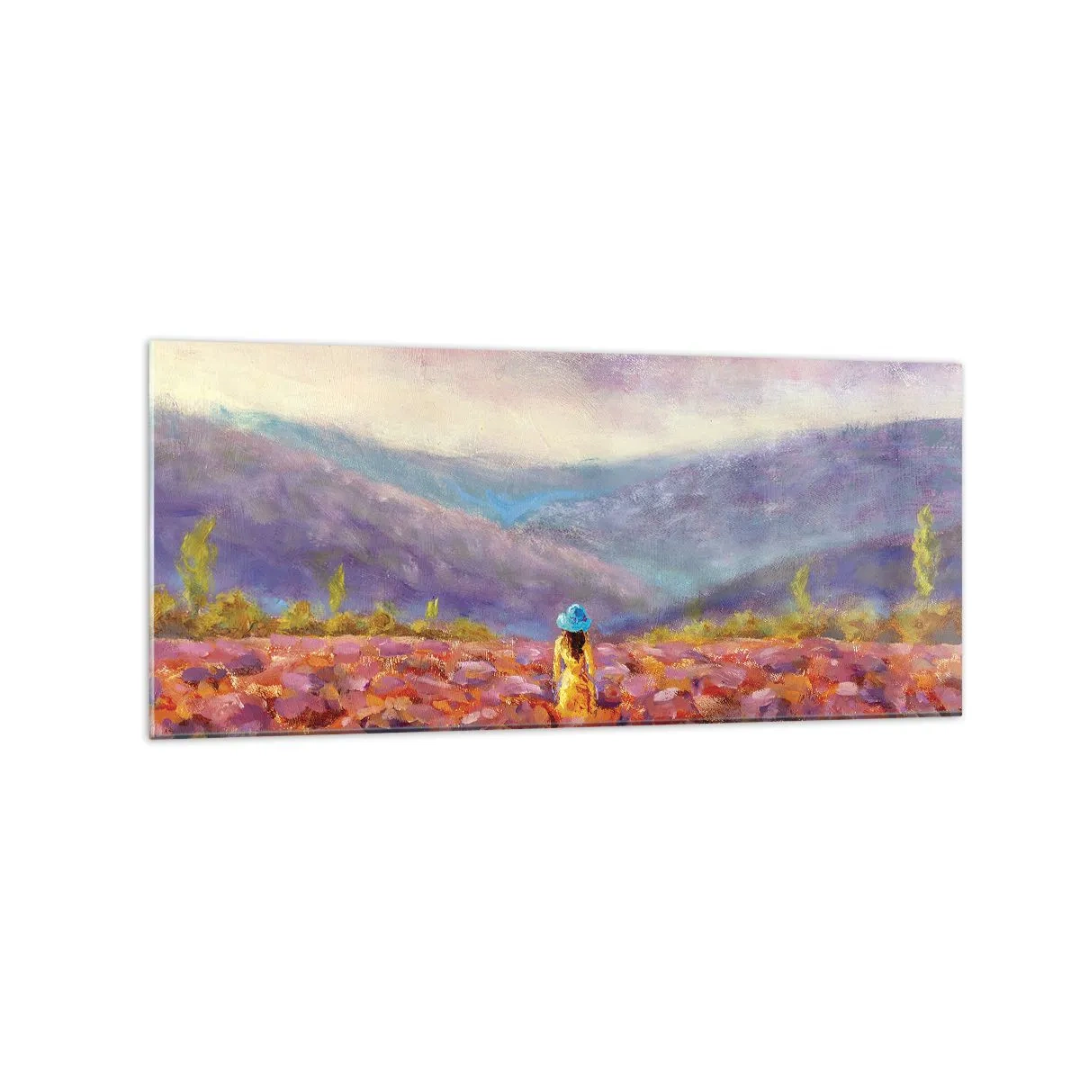 Glasbild - Bild auf glas - Eine Frau mit Hut geht durch ein Lavendelfeld. - 120x50cm - In einer Lavendelwelt - Moderne Wanddekoration für Wohnzimmer und Schlafzimmer ARTTOR