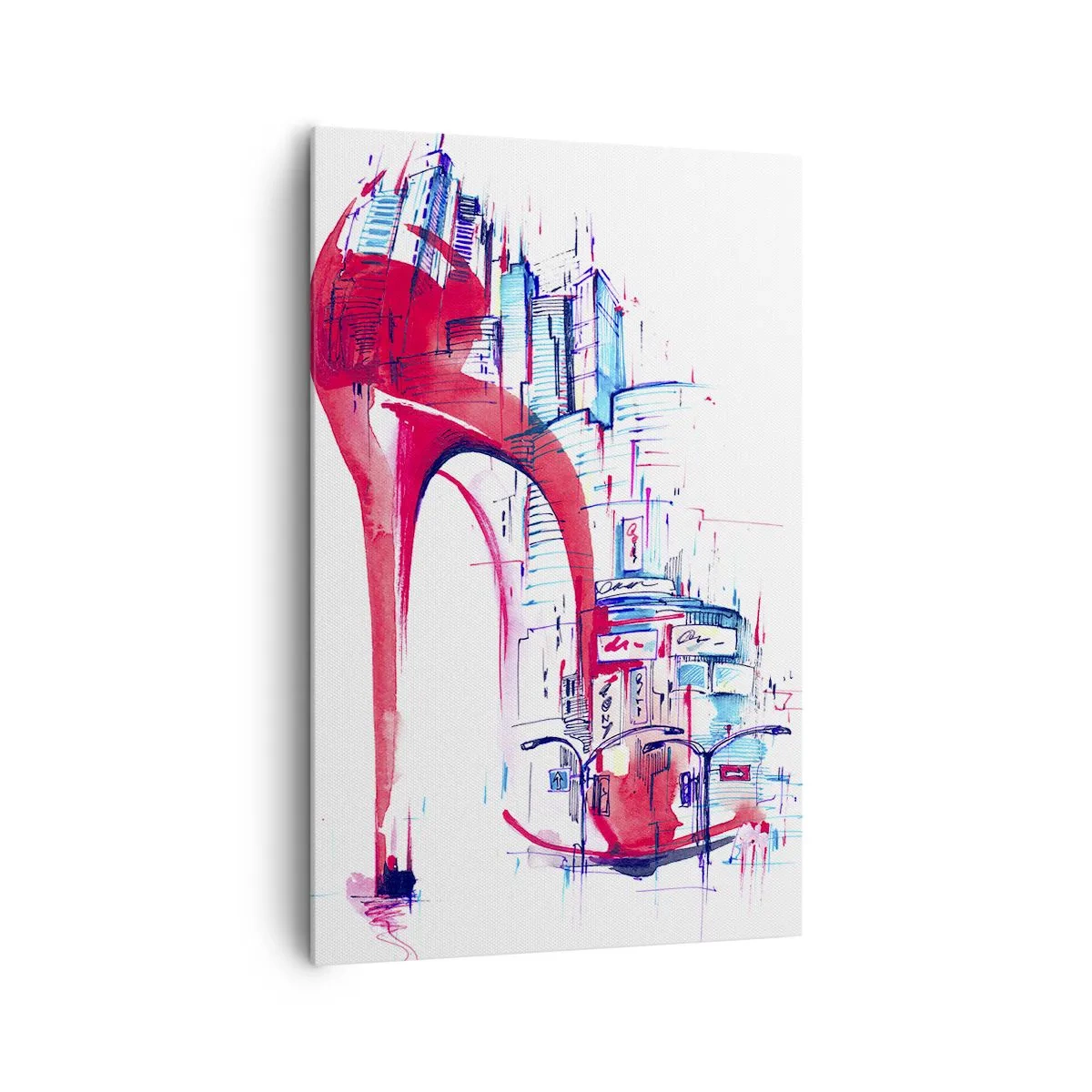 Bild auf Leinwand - Leinwandbild - Abstrakter roter Stilettoabsatz mit urbanen Details - 80x120cm - Ein Großstadt-Dandy - Moderne Wanddekoration für Wohnzimmer und Schlafzimmer ARTTOR
