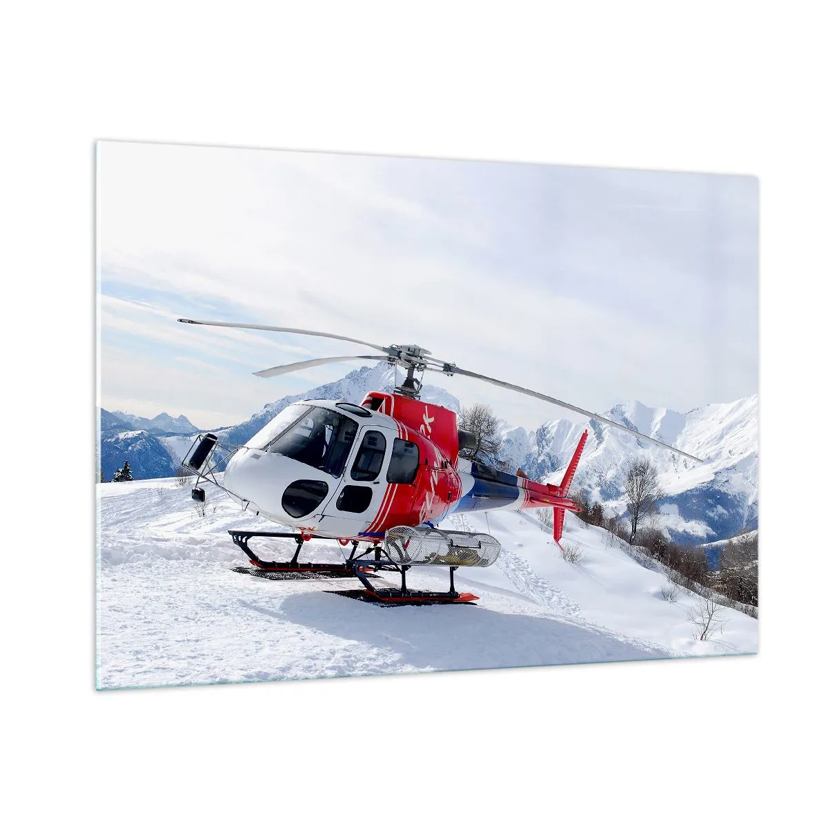 Glasbild - Bild auf glas - Ein roter Hubschrauber in einer winterlichen Berglandschaft - 100x70cm - Immer bereit - Moderne Wanddekoration für Wohnzimmer und Schlafzimmer ARTTOR