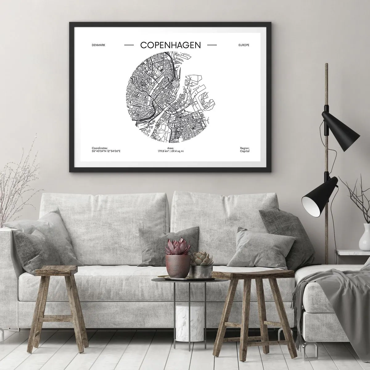Poster in einem schwarzem Rahmen - Eine Karte von Kopenhagen im minimalistischen Schwarz-Weiß-Stil. - 70x50cm - Anatomie von Kopenhagen - Moderne Wanddekoration für Wohnzimmer und Schlafzimmer ARTTOR
