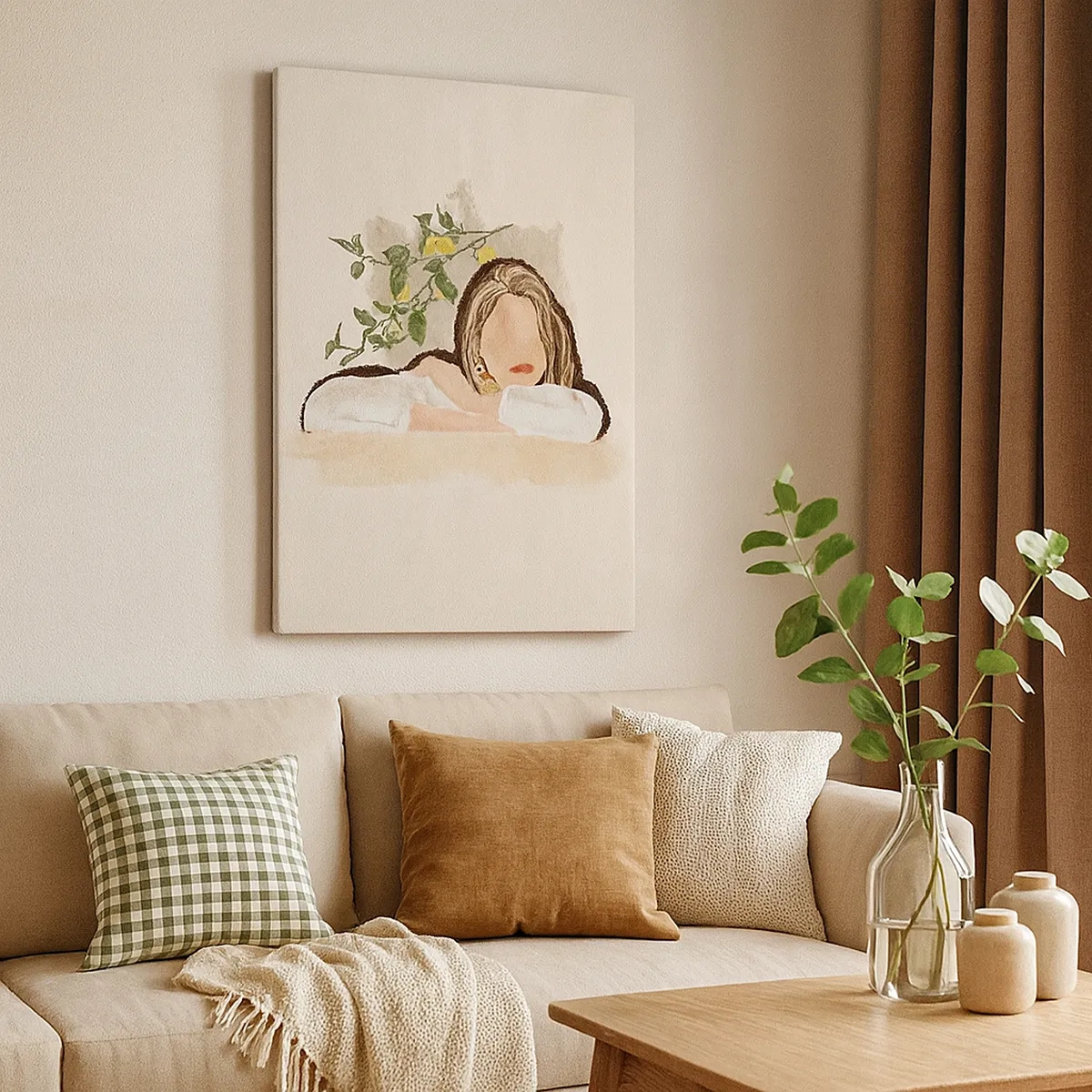 Bild auf Leinwand - Leinwandbild - Die Figur einer Frau vor dem Hintergrund eines Zitronenbaums - 50x70cm - Südländische Schönheit - Moderne Wanddekoration für Wohnzimmer und Schlafzimmer ARTTOR