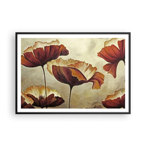 Poster in einem schwarzem Rahmen - Dezente Blumen in Rot- und Goldtönen auf hellem Untergrund - 100x70cm - Weideland - Moderne Wanddekoration für Wohnzimmer und Schlafzimmer ARTTOR