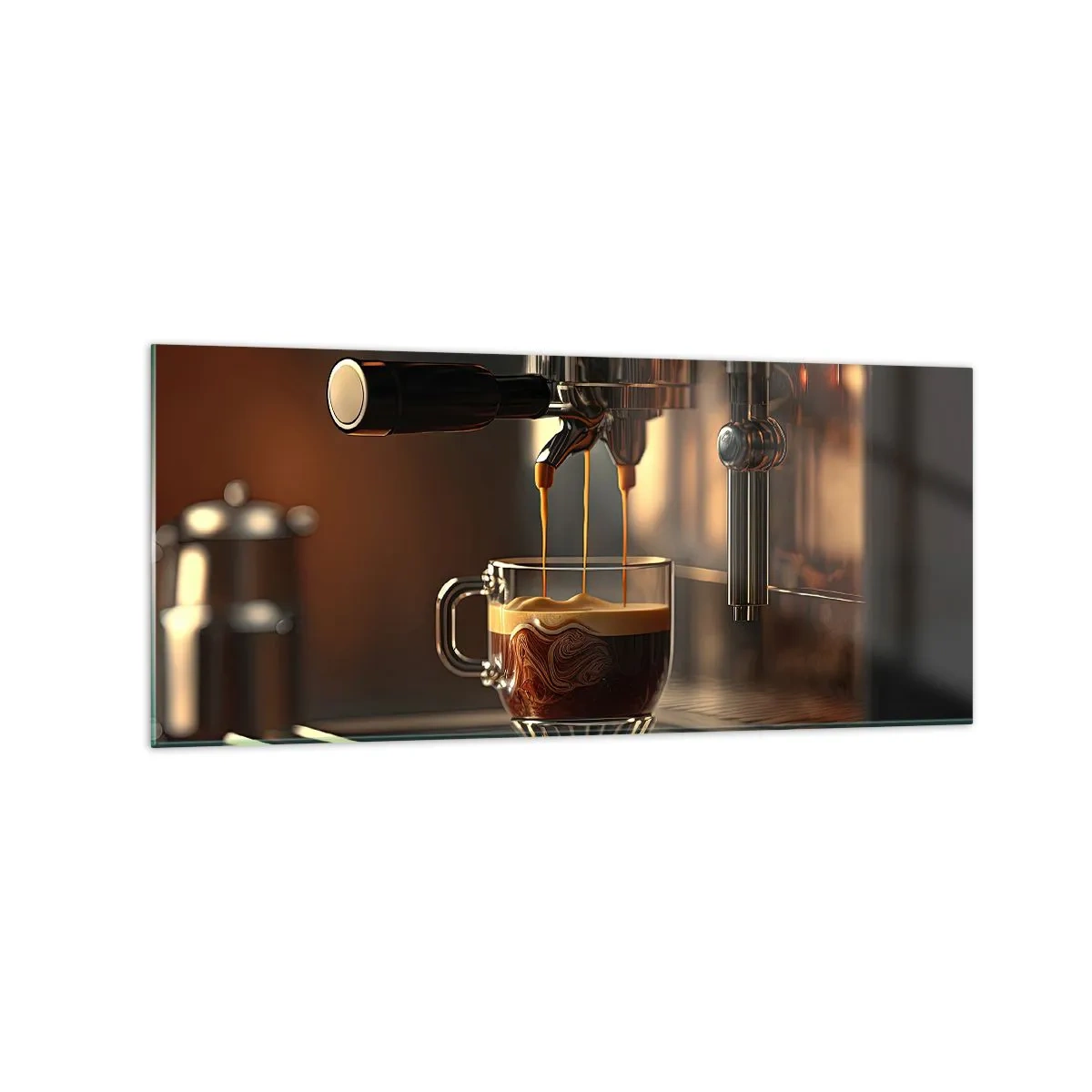 Glasbild - Bild auf glas - Kaffeemaschine mit einer Tasse aromatischem Espresso - 120x50cm - Sinnliche Mischung - Moderne Wanddekoration für Wohnzimmer und Schlafzimmer ARTTOR
