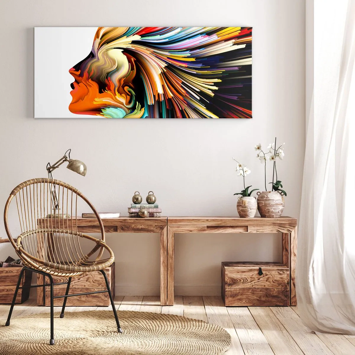 Bild auf Leinwand - Leinwandbild - Abstraktes Gesichtsprofil mit bunten dynamischen Linien. - 160x50cm - Eine Explosion der Fantasie - Moderne Wanddekoration für Wohnzimmer und Schlafzimmer ARTTOR