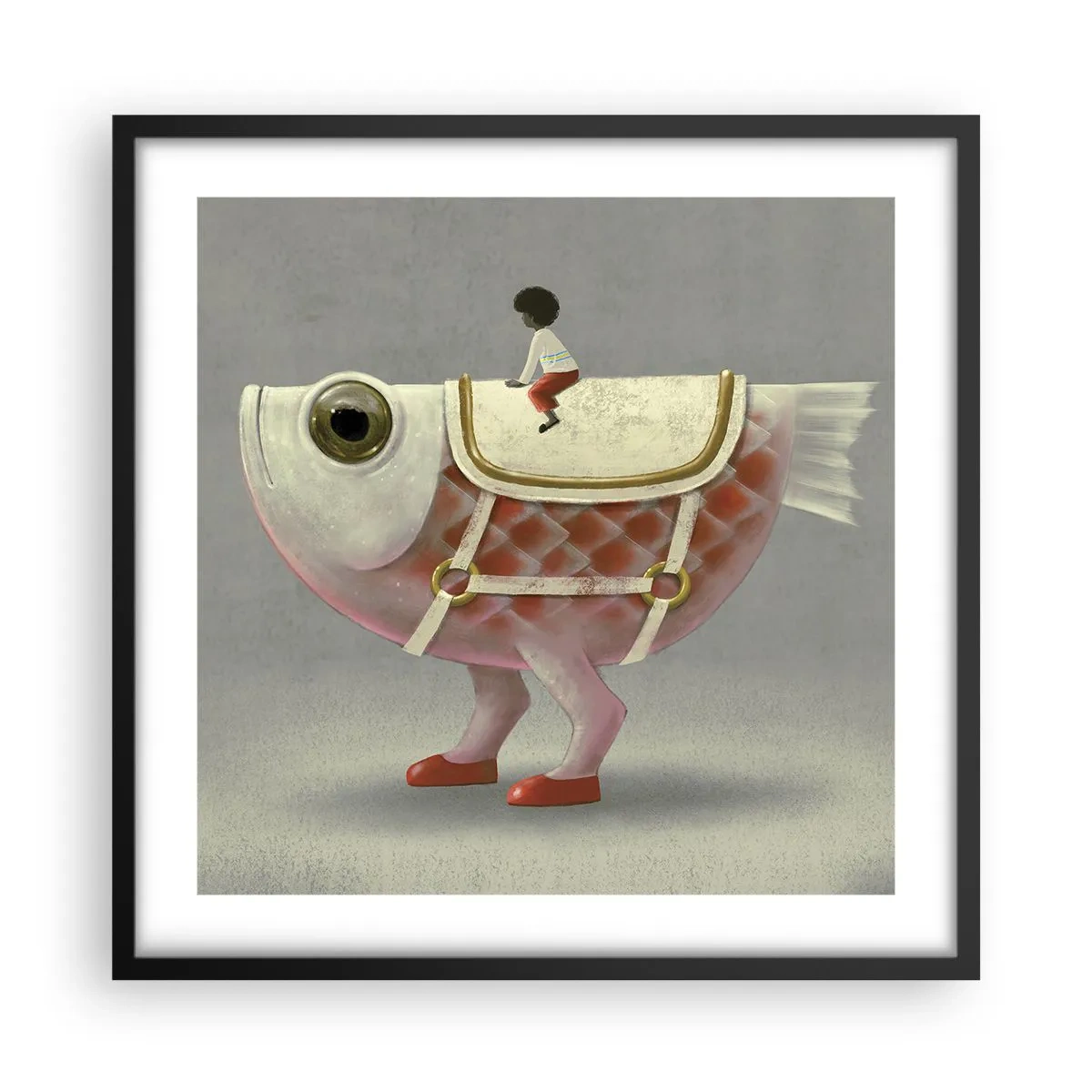 Poster in einem schwarzem Rahmen - Reiter auf einem surrealen Fisch - 50x50 cm