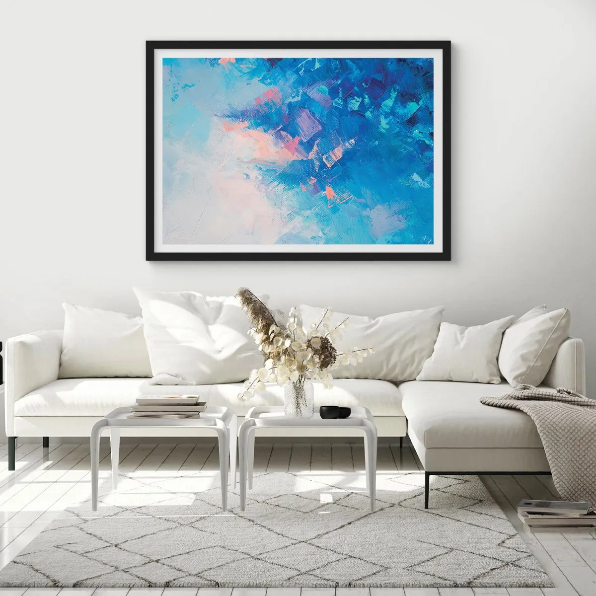 Poster in einem schwarzem Rahmen - Abstrakte Komposition in Blau- und Rosatönen - 100x70cm - Winter-Abstraktion - Moderne Wanddekoration für Wohnzimmer und Schlafzimmer ARTTOR