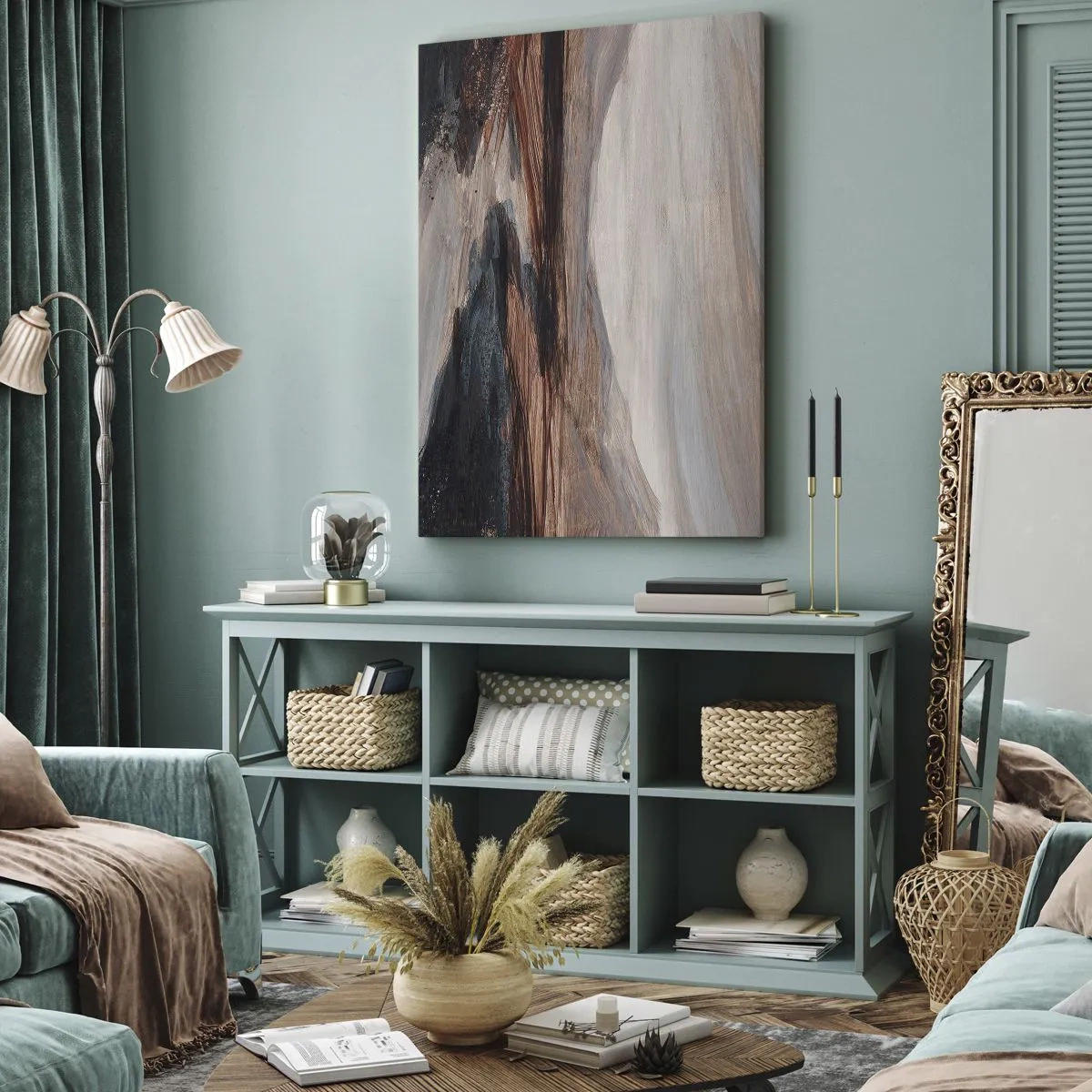 Bild auf Leinwand - Leinwandbild - Eine malerische Landschaft mit Fluss und Bergen - 70x100cm - Ruhiges Tal - Moderne Wanddekoration für Wohnzimmer und Schlafzimmer ARTTOR