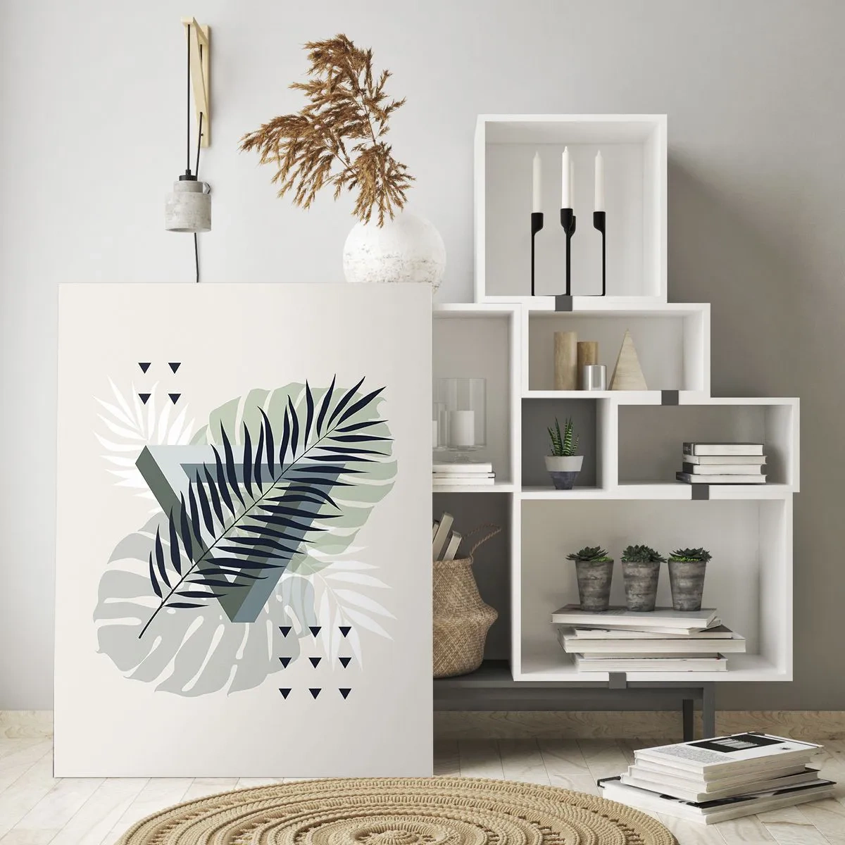 Glasbild - Bild auf glas - Geometrische Komposition mit tropischen Blättern in Grüntönen - 70x100cm - Natur und Geometrie – zwei Ordnungen? - Moderne Wanddekoration für Wohnzimmer und Schlafzimmer ARTTOR