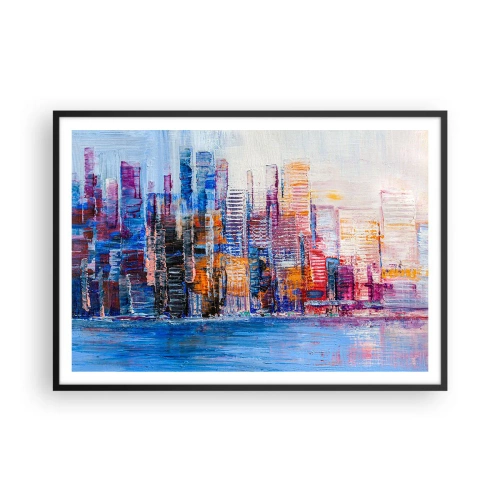 Poster in einem schwarzem Rahmen - Ein farbenfrohes Panorama der Stadt mit Spiegelungen auf dem Wasser - 100x70cm - Fröhliche Metropole - Moderne Wanddekoration für Wohnzimmer und Schlafzimmer ARTTOR