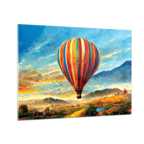 Glasbild - Bild auf glas - Ein bunter Ballon schwebt über einer Berglandschaft - 70x50cm - In der Stille sieht man mehr - Moderne Wanddekoration für Wohnzimmer und Schlafzimmer ARTTOR