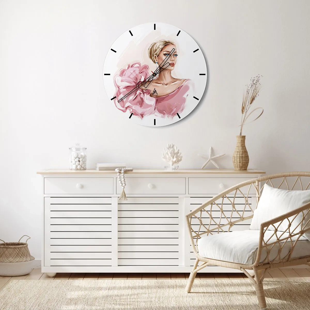 Wanduhr - Glasuhr - Stilisiertes Porträt einer Frau in einem rosa Kleid auf weißem Hintergrund - 30x30cm - Wie gemalt ... - Moderne Wanddekoration für Wohnzimmer, Küche und Schlafzimmer ARTTOR
