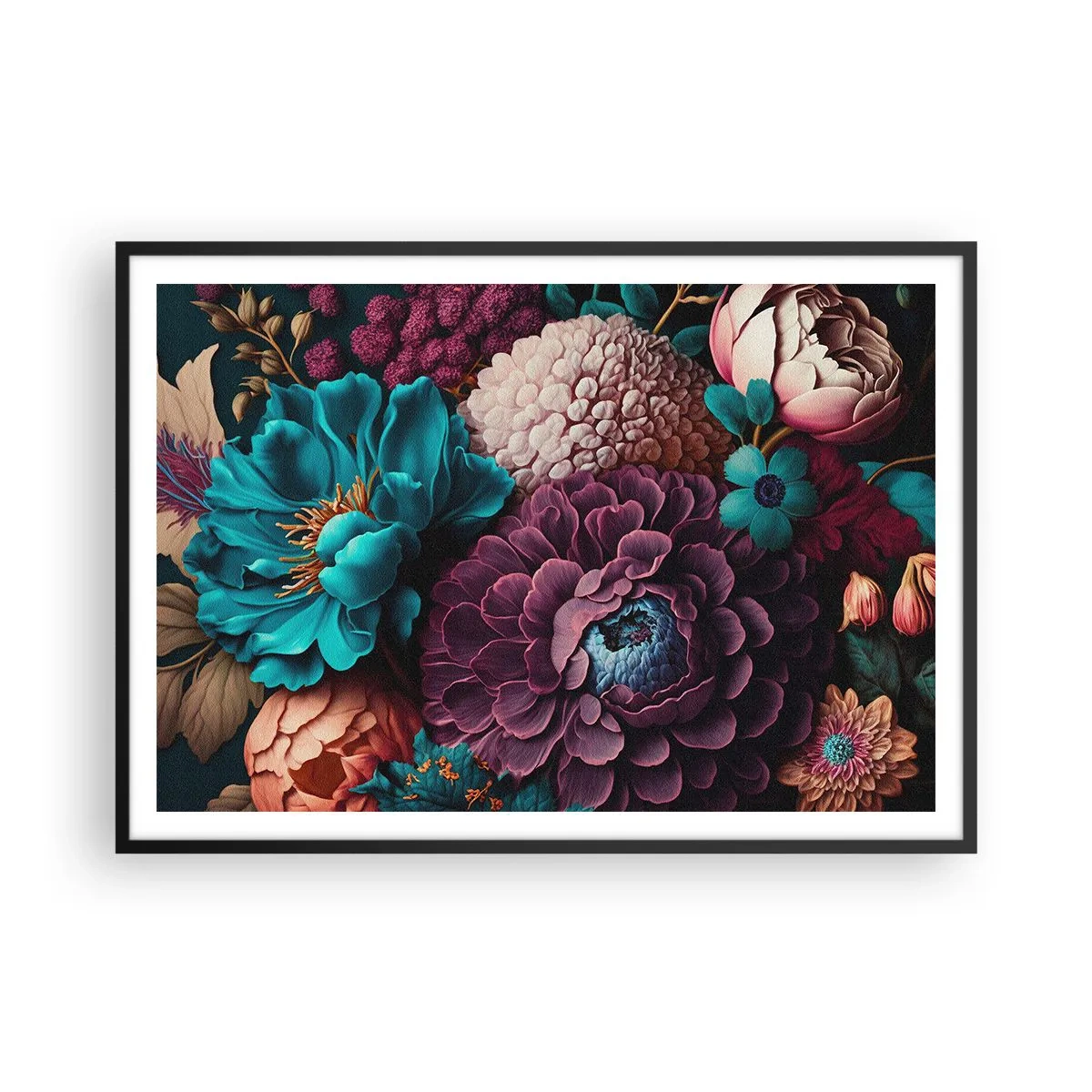 Poster in einem schwarzem Rahmen - Ein Blumenstrauß in intensiven Farben auf dunklem Hintergrund - 100x70cm - Natur in Hülle und Fülle - Moderne Wanddekoration für Wohnzimmer und Schlafzimmer ARTTOR