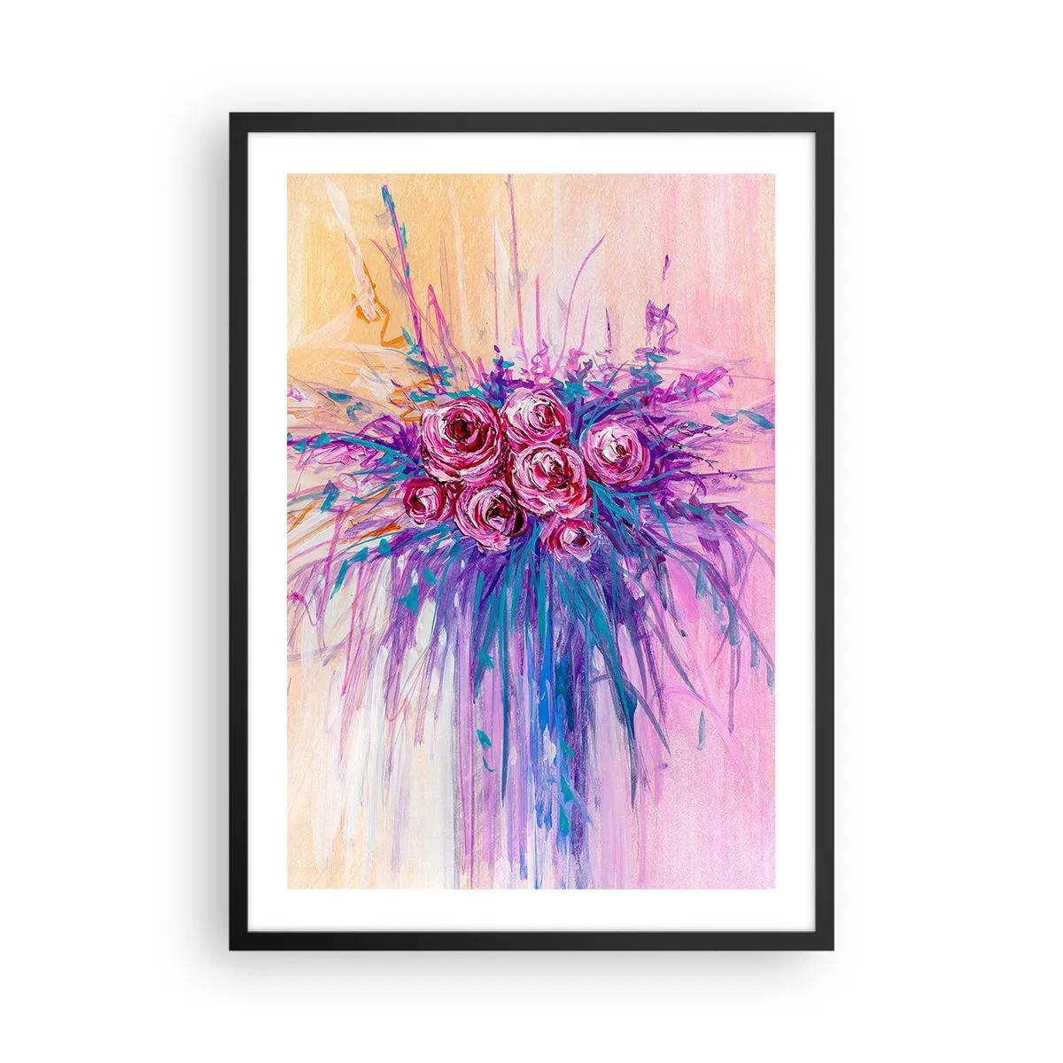 Poster in einem schwarzem Rahmen - Bunte Rosen auf einem Hintergrund in Rosatönen - 50x70cm - Rosenbrunnen - Moderne Wanddekoration für Wohnzimmer und Schlafzimmer ARTTOR