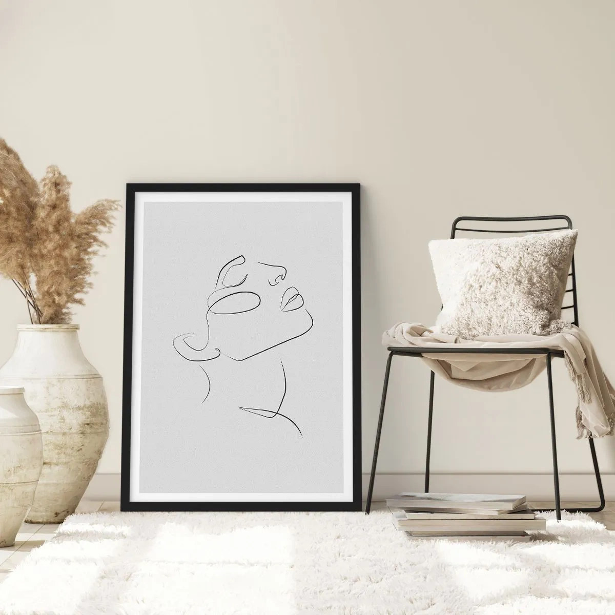 Poster in einem schwarzem Rahmen - Minimalistisches Frauenporträt im Line-Art-Stil - 50x70cm - Die Drehungen und Wendungen der Träume - Moderne Wanddekoration für Wohnzimmer und Schlafzimmer ARTTOR