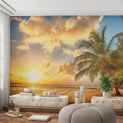 Selbstklebende Fototapete Deluxe Sticker - Ewiger Sommer, immer Urlaub - Landschaft, Strand, Kokusnuss-Palme - 200x140 cm