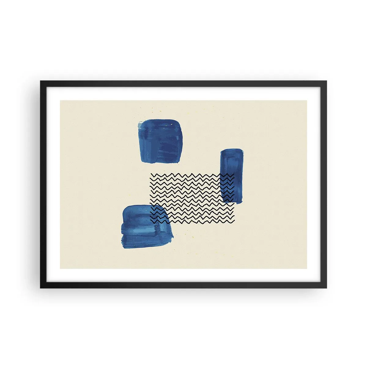 Poster in einem schwarzem Rahmen - Abstrakte Komposition mit blauen Flecken und Wellenlinien - 70x50cm - Ein abstraktes Quartett - Moderne Wanddekoration für Wohnzimmer und Schlafzimmer ARTTOR