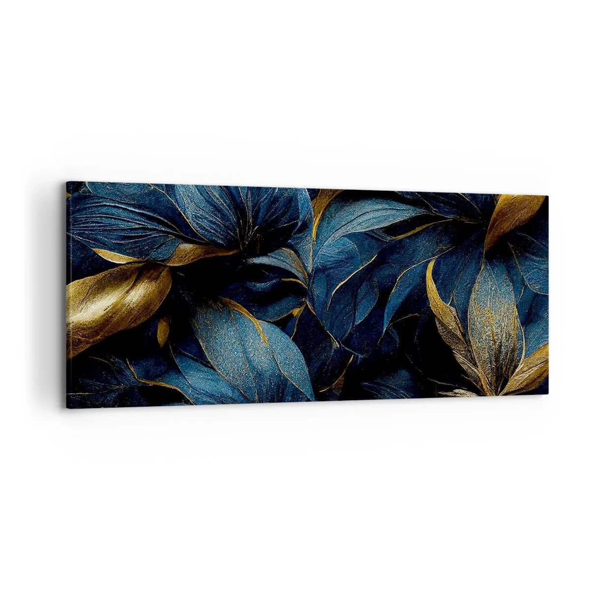 Bild auf Leinwand - Leinwandbild - Elegante Blätter in Gold- und Marineblautönen - 120x50cm - Mit Gold gefüttert - Moderne Wanddekoration für Wohnzimmer und Schlafzimmer ARTTOR