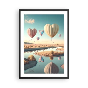 Poster in einem schwarzem Rahmen - Herzförmige Ballons schweben über der Landschaft - 50x70cm - Dank Liebe steigt man auf - Moderne Wanddekoration für Wohnzimmer und Schlafzimmer ARTTOR