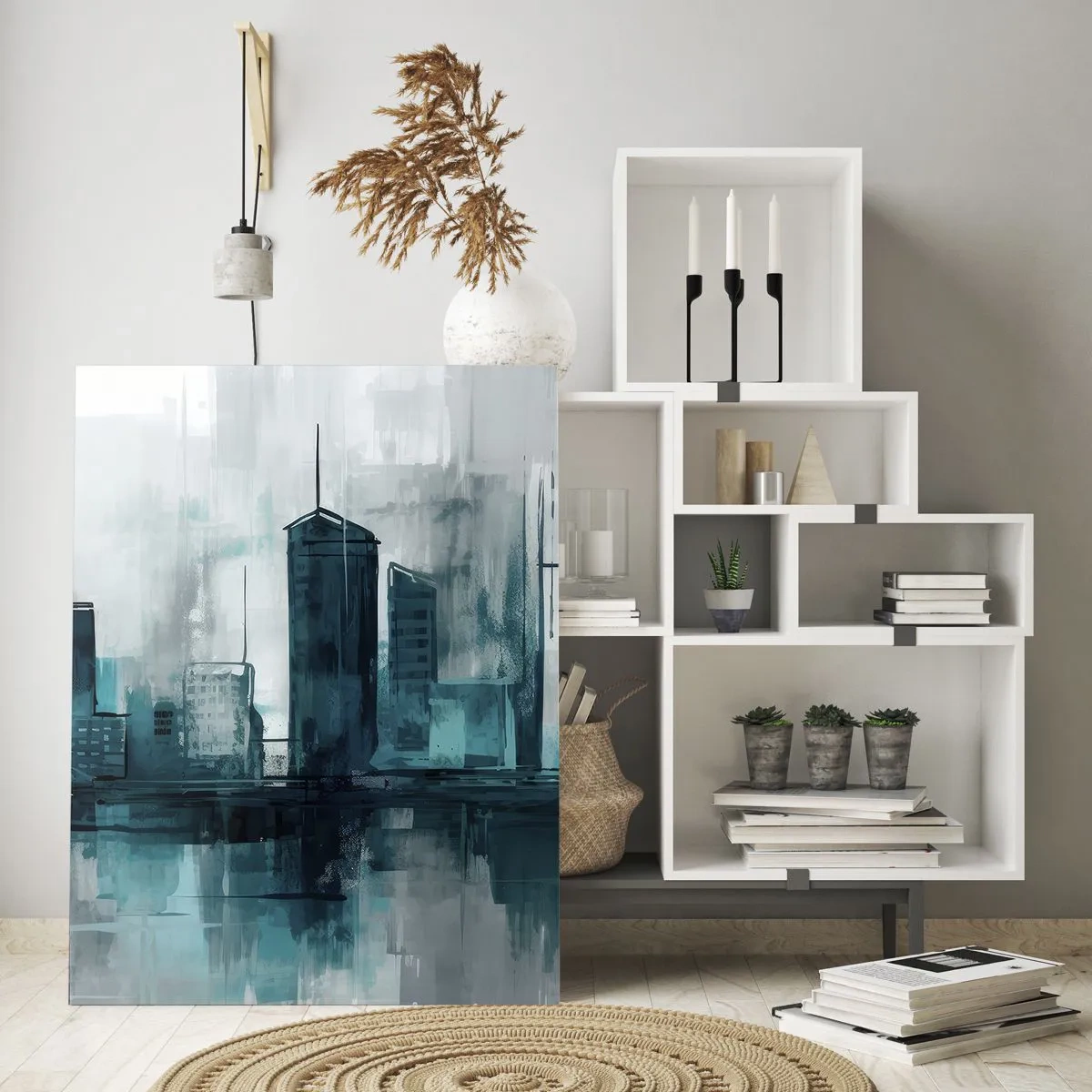 Glasbild - Bild auf glas - Eine moderne Stadt in Türkis- und Grautönen - 80x120cm - Eine Stadt in der Farbe des Regens - Moderne Wanddekoration für Wohnzimmer und Schlafzimmer ARTTOR