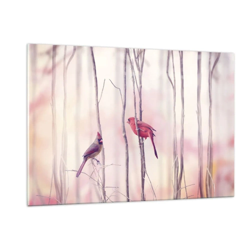 Glasbild - Bild auf glas - Zwei Vögel zwischen zarten Zweigen in Pastelltönen - 120x80cm - Geschichte vom rosa Wald - Moderne Wanddekoration für Wohnzimmer und Schlafzimmer ARTTOR