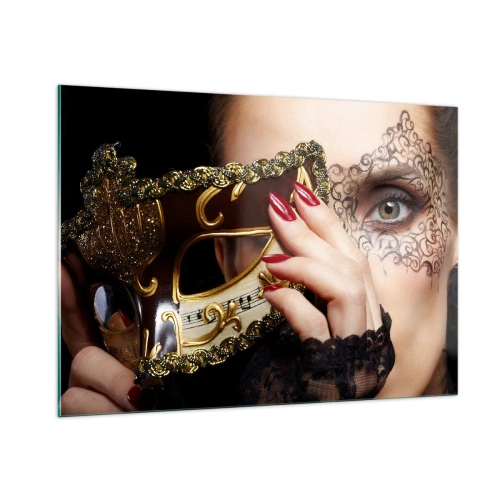 Glasbild - Bild auf glas - Eine goldene venezianische Maske auf dem Gesicht einer Frau - 100x70cm - Meine Welt ist barock - Moderne Wanddekoration für Wohnzimmer und Schlafzimmer ARTTOR