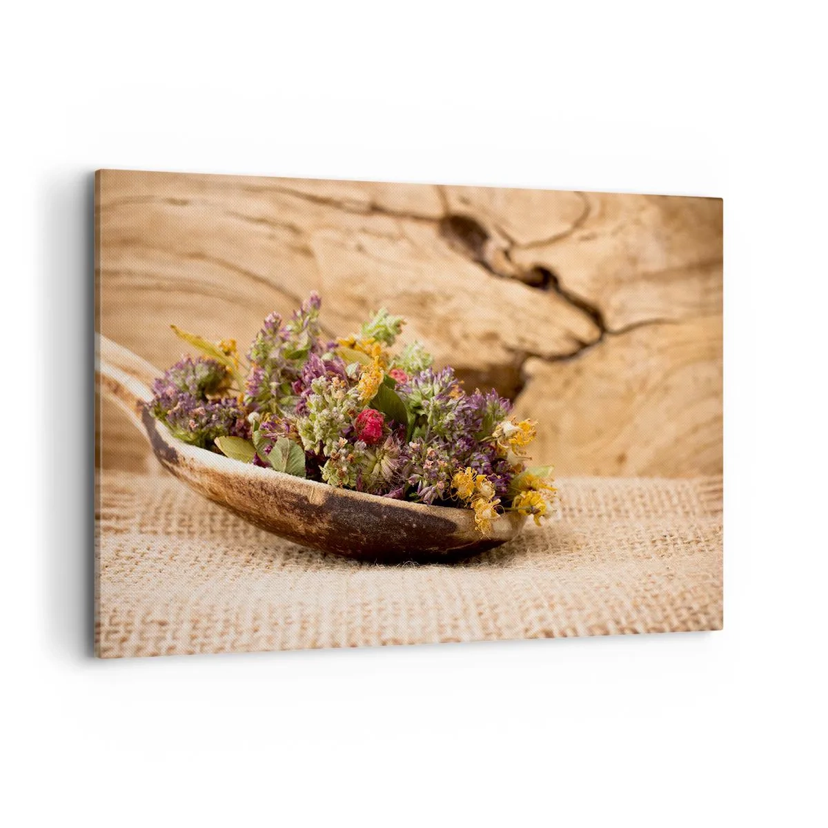 Bild auf Leinwand - Leinwandbild - Getrocknete Kräuter in einem Holzlöffel auf natürlichem Holzhintergrund - 120x80cm - Bunte Blumen und duftende Kräuter - Moderne Wanddekoration für Wohnzimmer und Schlafzimmer ARTTOR