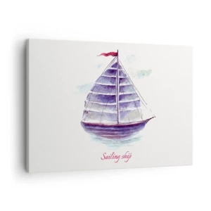 Bild auf Leinwand - Leinwandbild - Ein Aquarell eines Segelboots auf dem Wasser mit einer zarten Inschrift - 70x50cm - Volle Segel und ruhiges Wasser - Moderne Wanddekoration für Wohnzimmer und Schlafzimmer ARTTOR