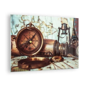 Glasbild - Bild auf glas - Ein antiker Kompass und eine Karte vor dem Hintergrund von Piratenabenteuern - 70x50cm - Ein Piratenabenteuer in der Karibik wartet - Moderne Wanddekoration für Wohnzimmer und Schlafzimmer ARTTOR