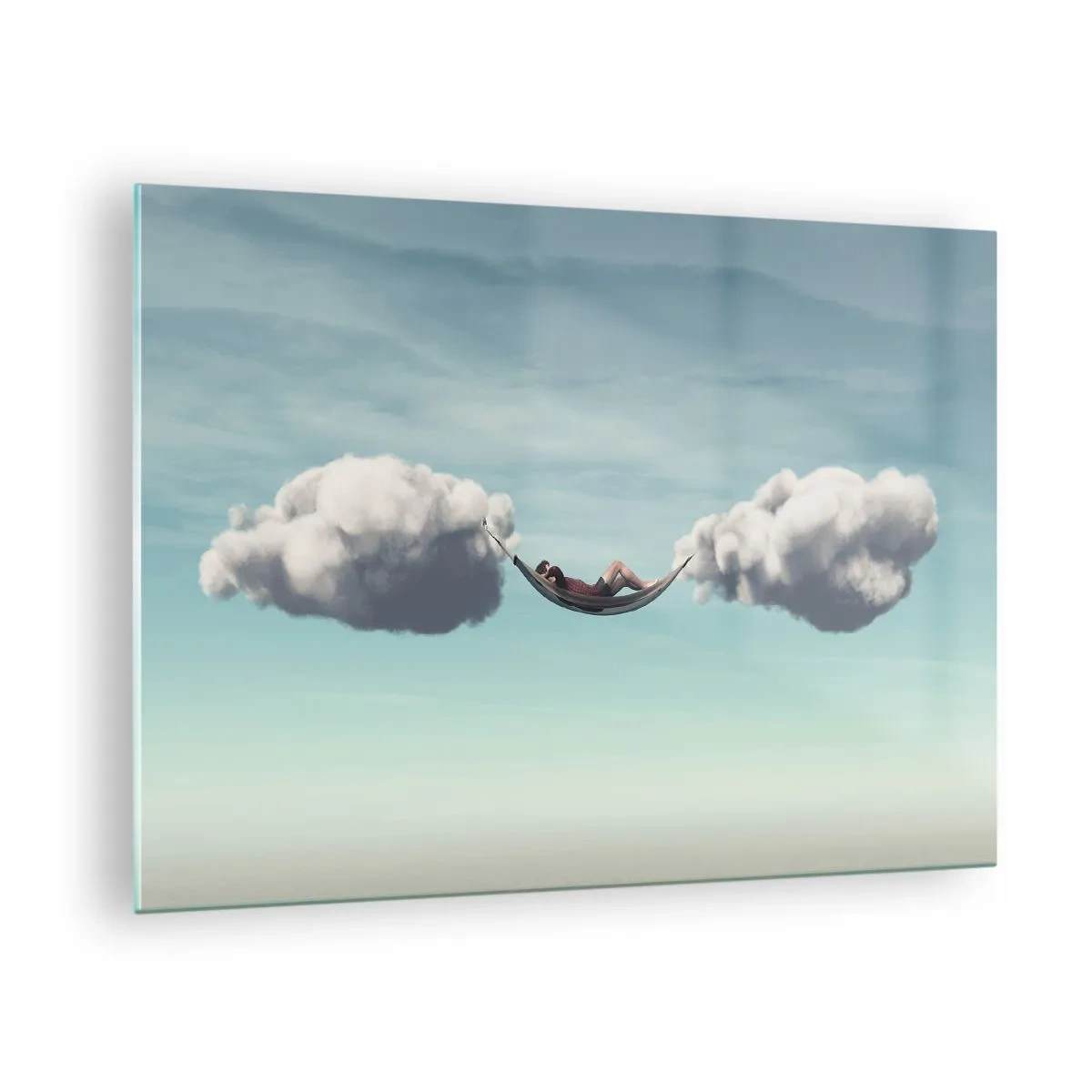 Glasbild - Bild auf glas - Wolkenhängematten in einem blauen Himmel - 70x50cm - Die Behaglichkeit des Augenblicks - Moderne Wanddekoration für Wohnzimmer und Schlafzimmer ARTTOR