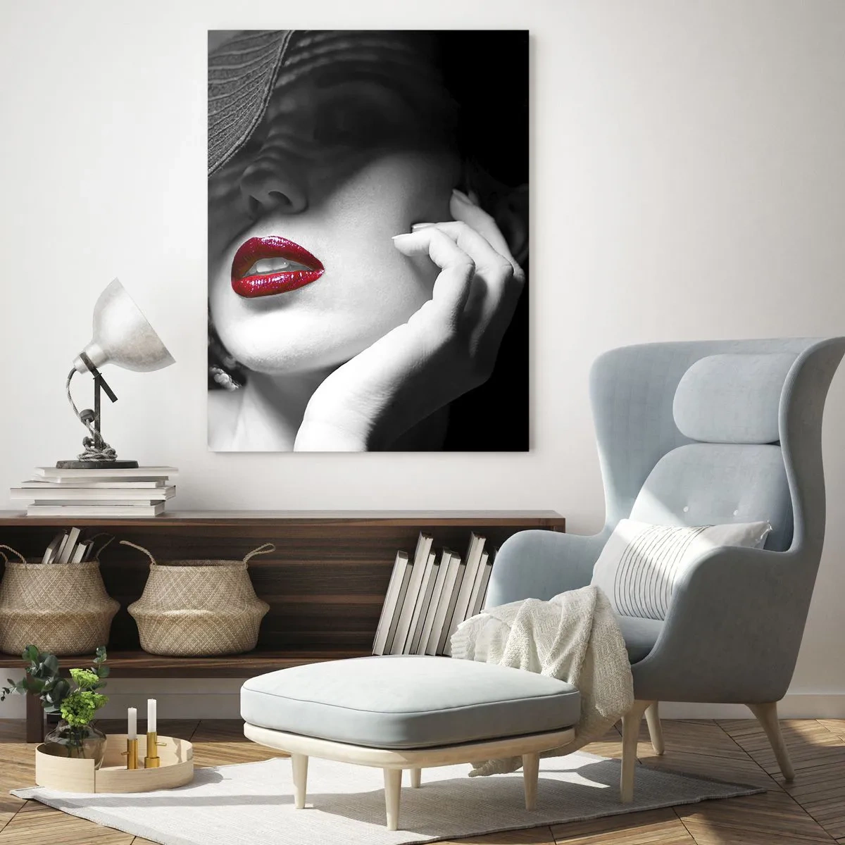Glasbild - Bild auf glas - Schwarz-Weiß-Komposition mit rotem Lippenakzent - 50x70cm - Eine Studie in Scharlachrot - Moderne Wanddekoration für Wohnzimmer und Schlafzimmer ARTTOR