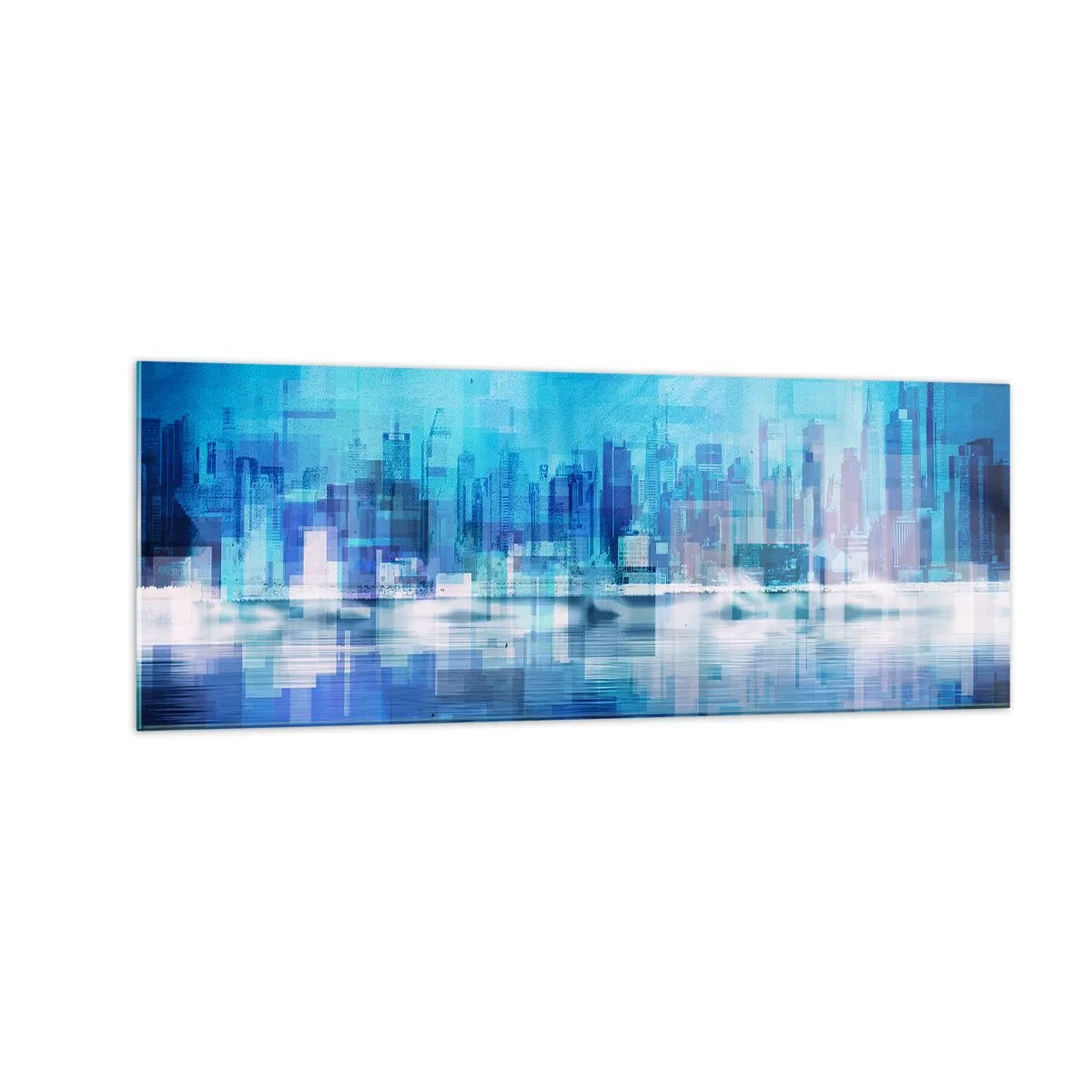 Glasbild - Bild auf glas - Abstraktes Stadtpanorama in Blautönen - 140x50cm - In Blau ertrunken - Moderne Wanddekoration für Wohnzimmer und Schlafzimmer ARTTOR
