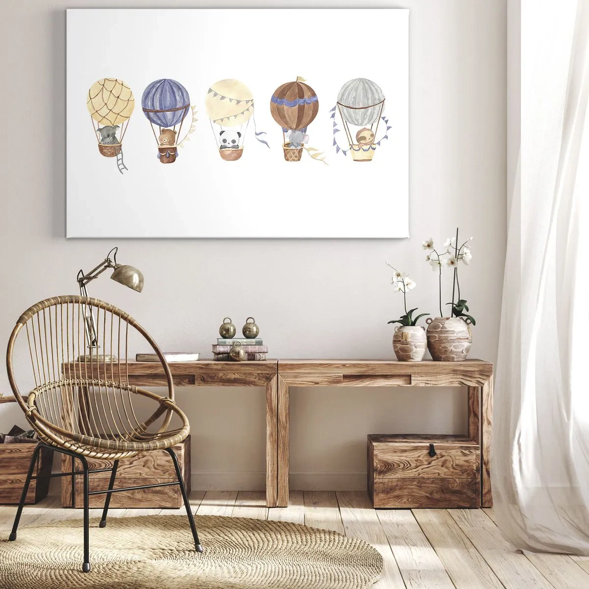Bild auf Leinwand - Leinwandbild - Niedliche Tiere in Luftballons auf weißem Hintergrund - 70x50cm - Freunde auf Reise - Moderne Wanddekoration für Wohnzimmer und Schlafzimmer ARTTOR